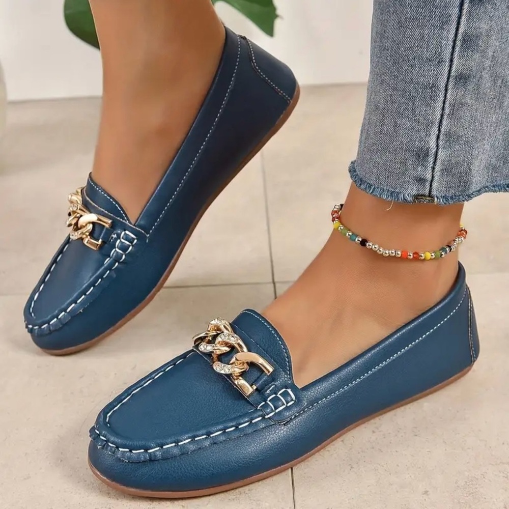 Elegant Blue Loafers with Gold Accents